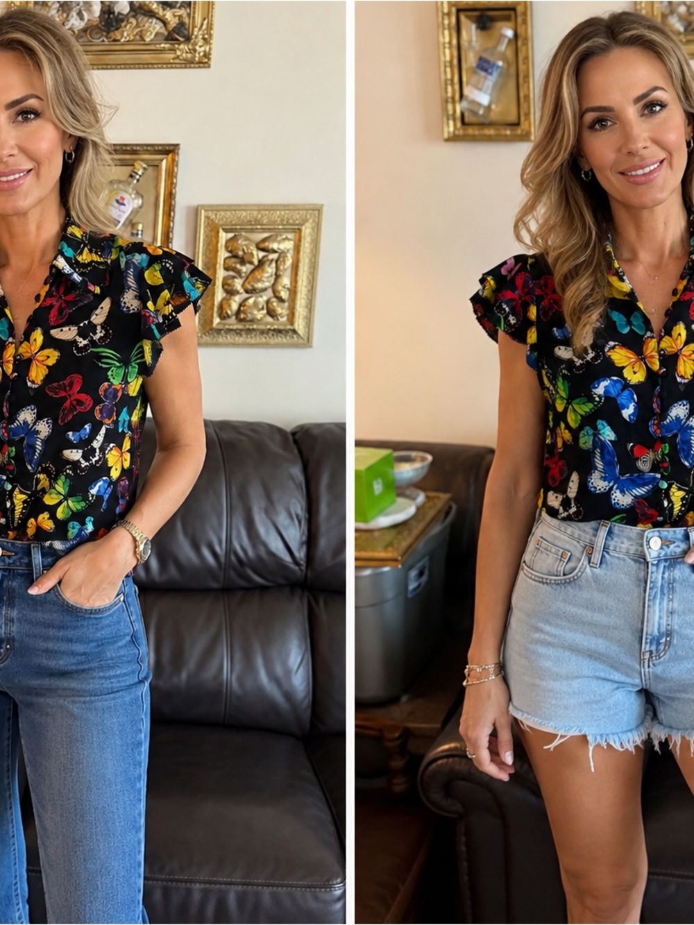 Alice + Olivia Black Floral Button-Front Blouse
